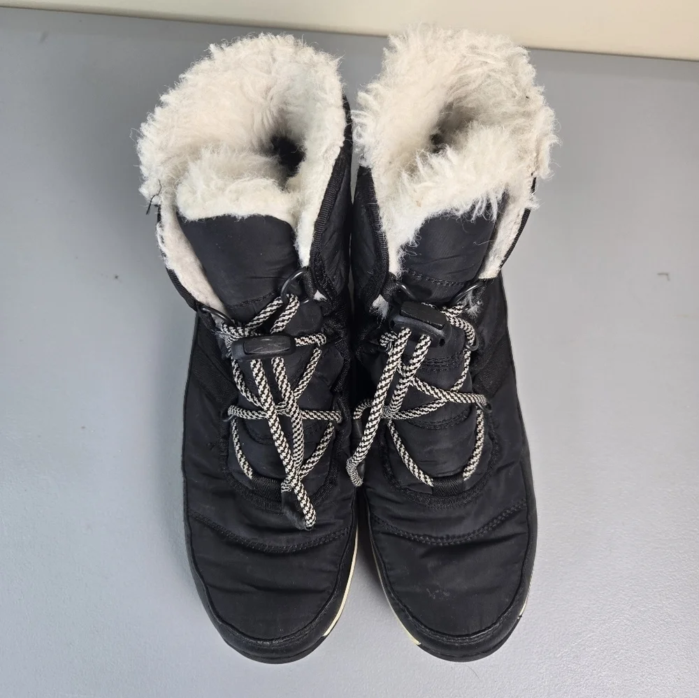 Sorel Boots Womens Size 7 Whitney Black Fur Trim Winter Shoe Insulated Bungee